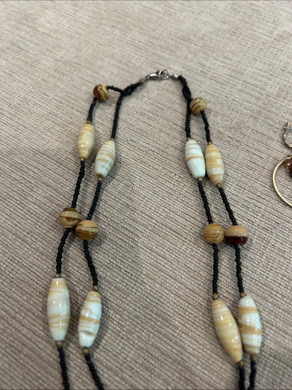 Handmade Cream & Brown Beaded Necklace with loop Earrings with tiger eye stone image 3